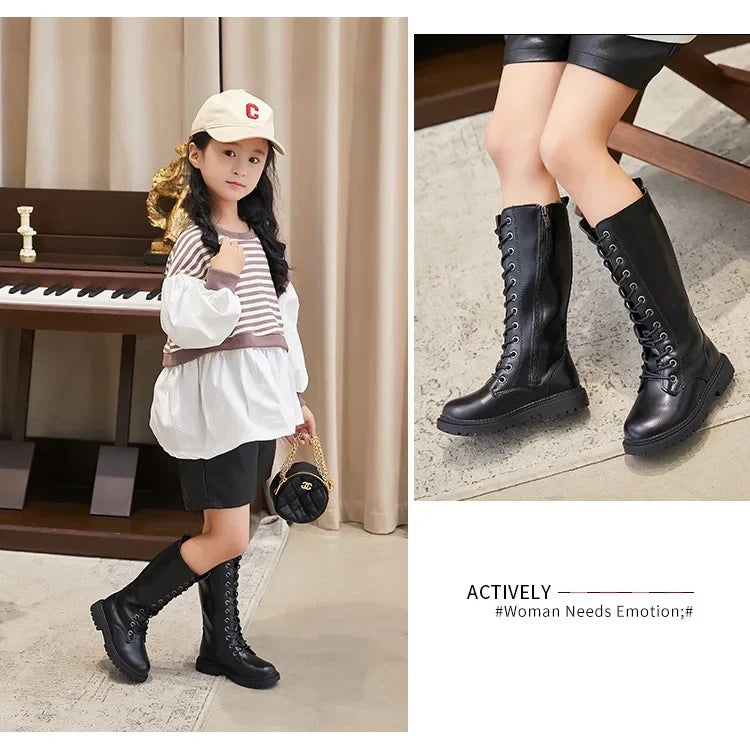 Lace-Up Knee-High Boots for Girls with Side Zippers and Chunky Soles, Black or Beige Motorcycle-Inspired Tall Fashion Shoes, Sizes 27–37