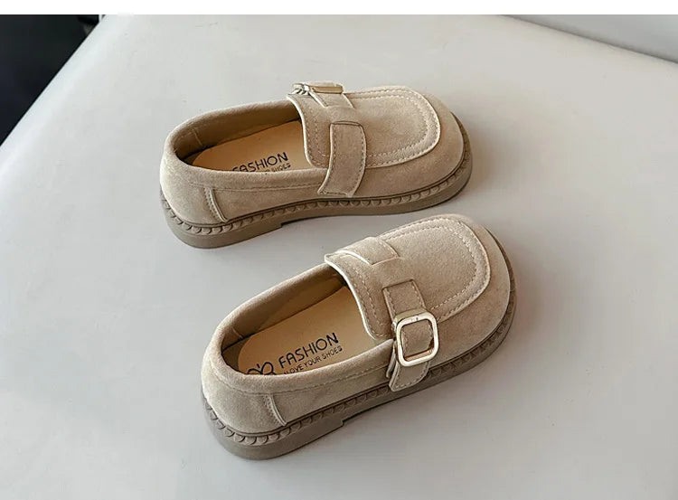 Girls Buckle Loafers with Rounded Toe and Stitched Detail, Brown or Khaki Casual Flats for School Outfits, Spring and Fall Days