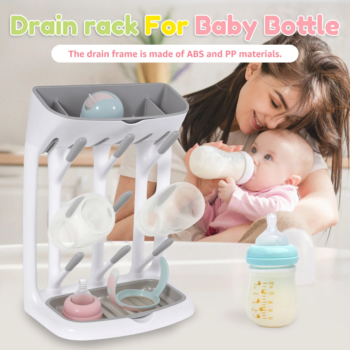 Angled-Holder Baby Bottle Drying Rack with Top Accessory Storage and Detachable Drain Tray, ABS and PP Countertop Feeding Organizer