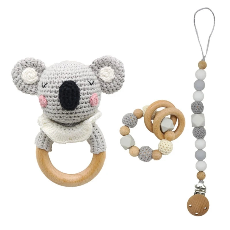 Crochet Animal Rattle Set with Wooden Ring and Coordinating Accessories, Rabbit, Deer and More Designs for Supervised Play and Baby Shower Gifts