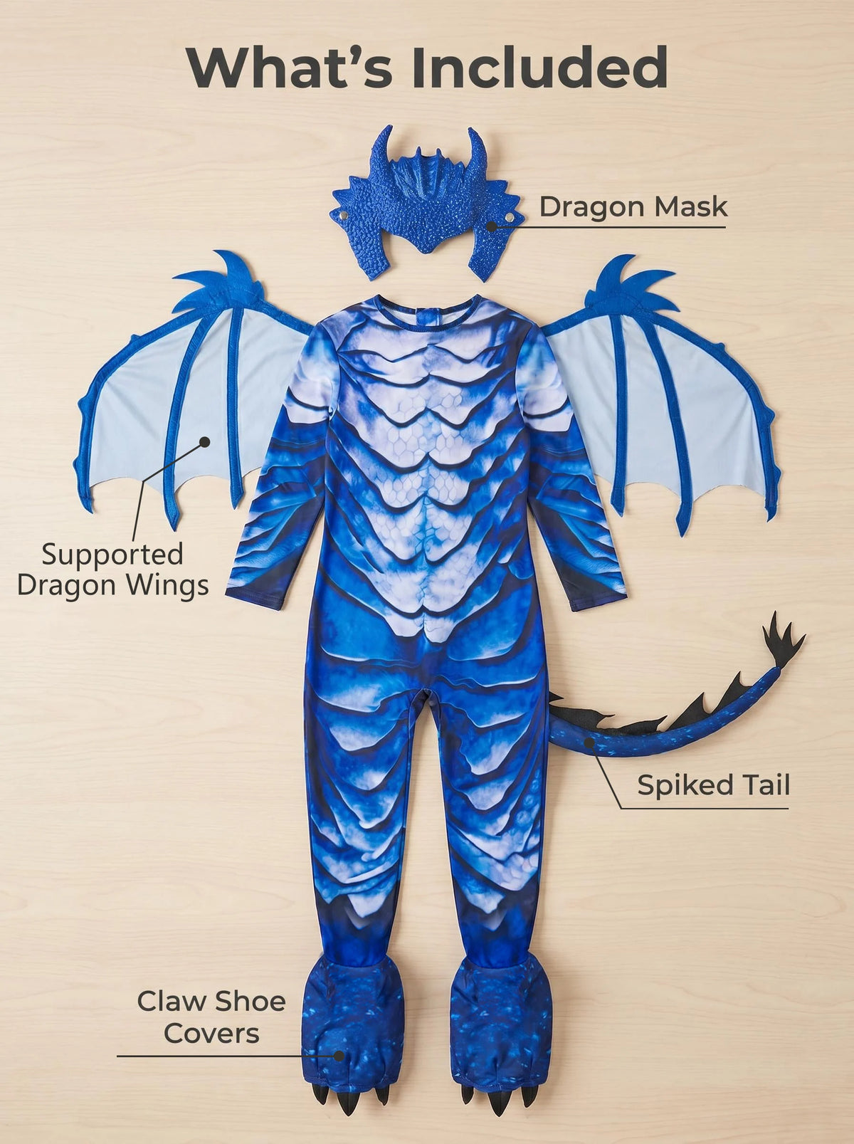 Blue Dragon Costume for Kids with Scale Print Jumpsuit, Wings, Padded Tail and Horned Mask for Halloween, Carnival and Fantasy Dress-Up