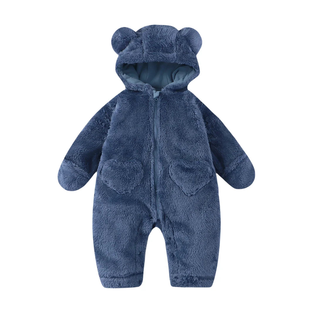 Bear Ear Baby Romper with Plush Texture and Heart Pockets, Hooded Zip Front One-Piece Outfit for Boys and Girls in Four Colors, 0-12 Months