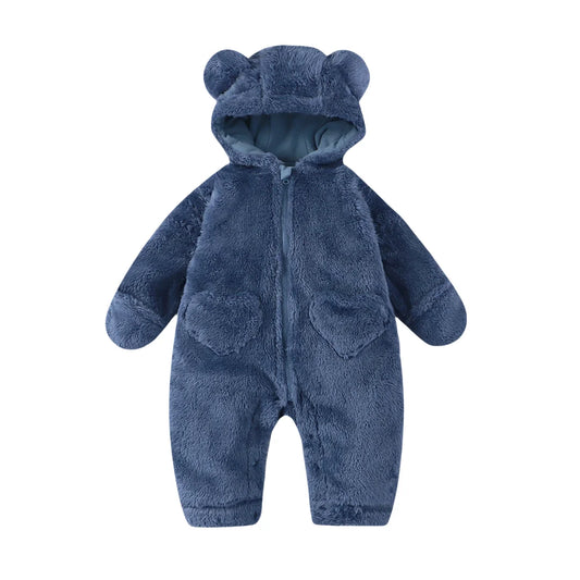 Bear Ear Baby Romper with Plush Texture and Heart Pockets, Hooded Zip Front One-Piece Outfit for Boys and Girls in Four Colors, 0-12 Months