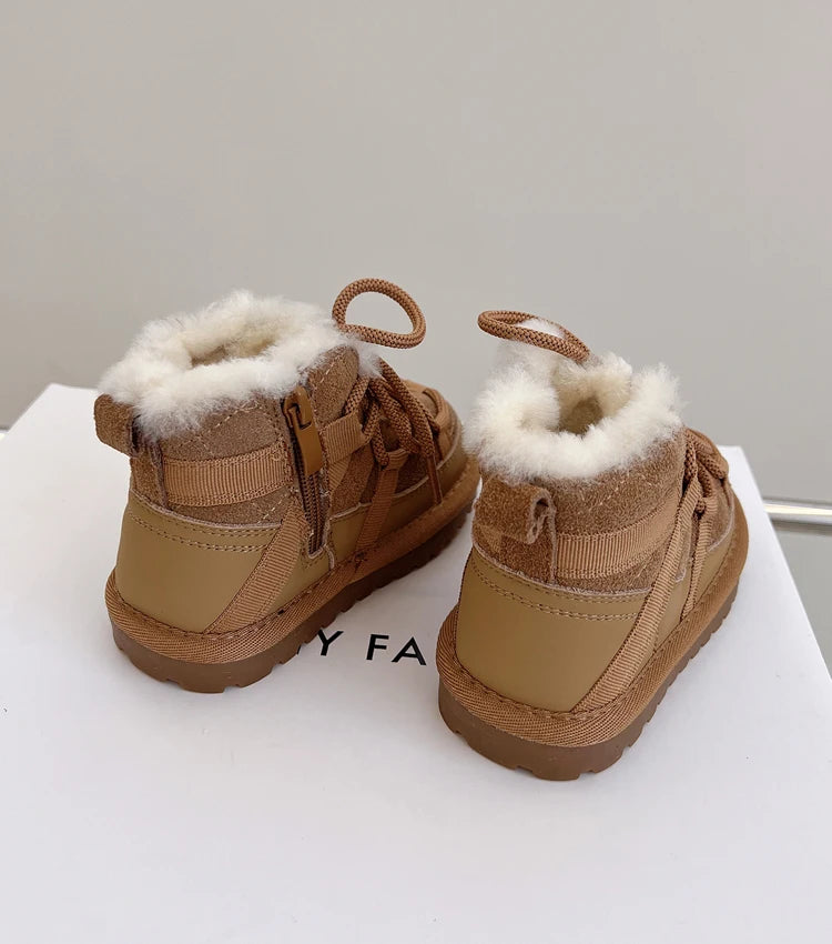 Plush-Lined Toddler Ankle Boots with Lace-Up Front and Side Zipper, Camel or Black Winter Shoes for Boys and Girls, Sizes 18-30