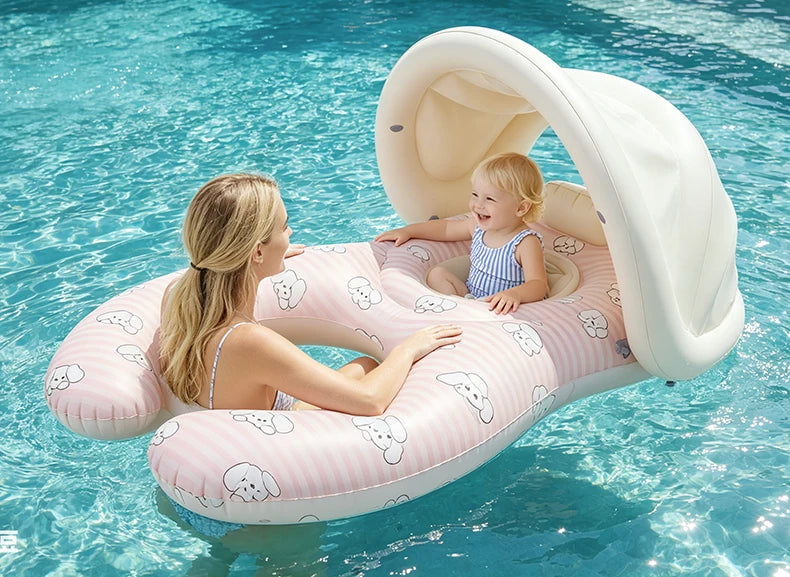 Parent-Child Double-Seat Inflatable Pool Float with Sun Canopy, Two-Seat Swim Ring for Supervised Family Water Play, WDF0752 or WDF0753