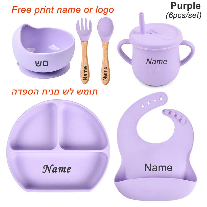 Personalized Baby Feeding Set with Silicone Suction Plate, Bowl, Spoon and Fork, 4-Piece or 6-Piece Tableware Options for Supervised Mealtimes