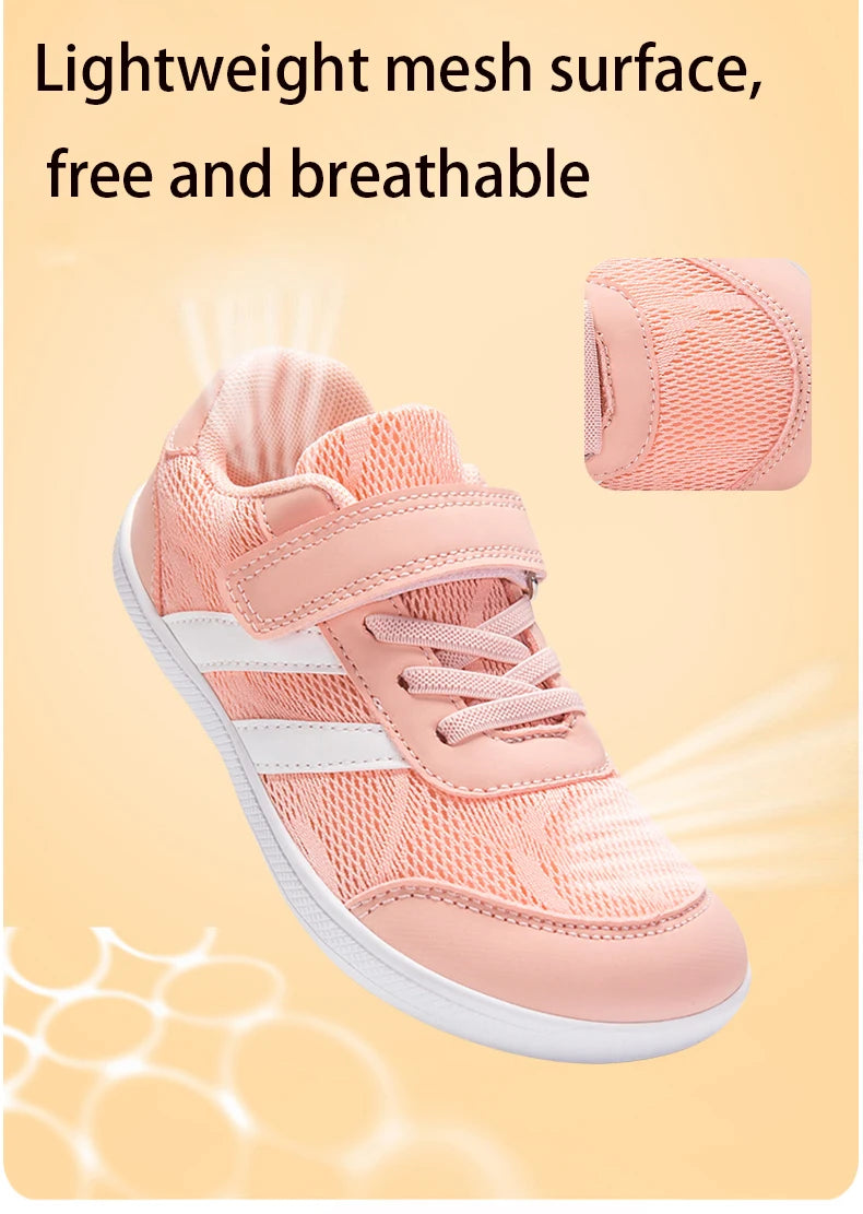 Kids Wide-Toe Mesh Sneakers with Adjustable Hook-and-Loop Strap, Contrast Side Stripes and Low-Top Casual Style in Pink, Black or Blue