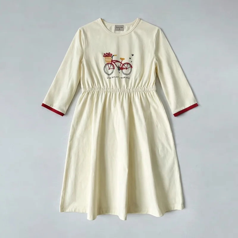 Bicycle Print Sibling Matching Outfits, Cream Girls Dresses and Tops with Red Skirts, Boys Green Shorts and Baby Rompers for Family Photos