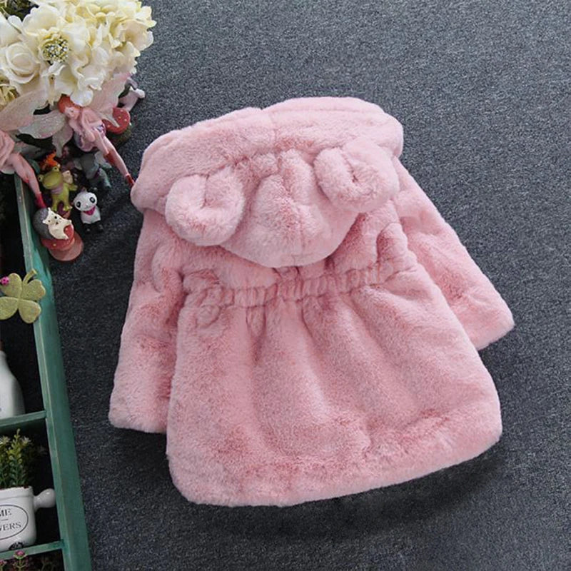 Girls Faux Fur Winter Coat with Bear Ear Hood and Zip Front, Plush-Look Toddler Jacket in Red, Beige, Black or Pink, Sizes 2T–7T