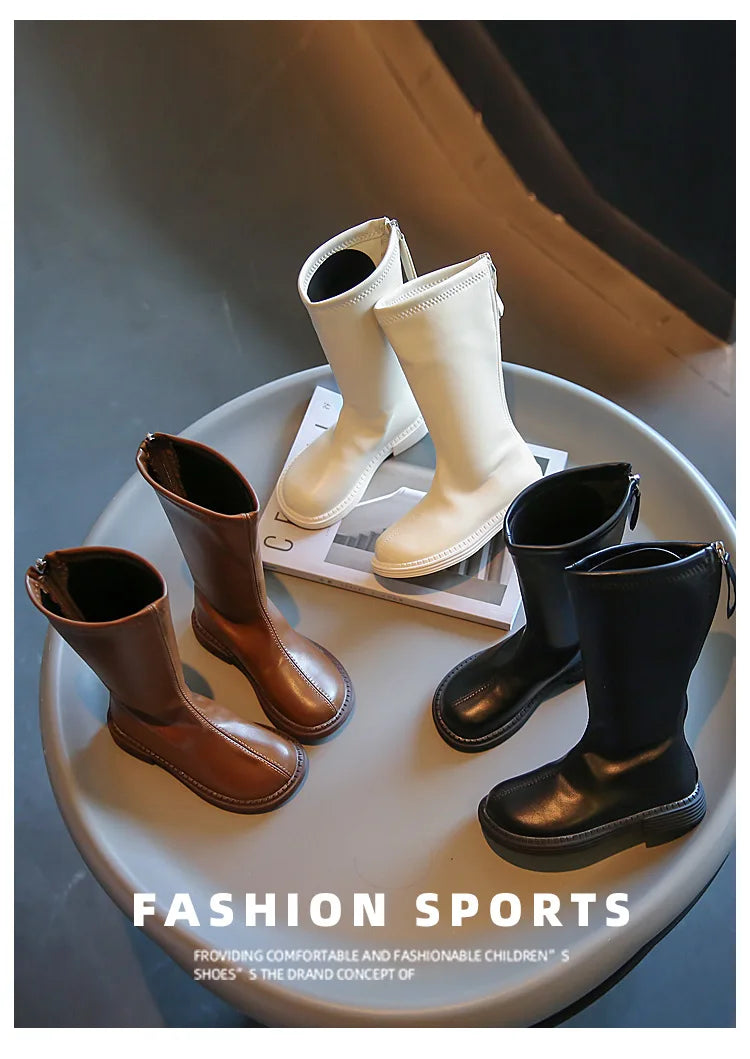 Back-Zip Girls Tall Boots in PU with Round Toes and Minimalist Styling, Khaki, Beige or Black Fashion Shoes for Spring and Autumn, Sizes 26-36
