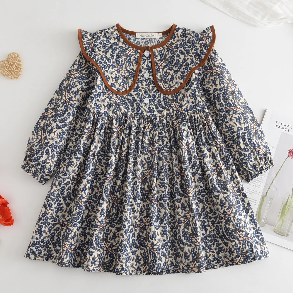 Toddler Girls Floral Dress with Oversized Collar and Long Sleeves, Bear Leader Outfit in Sizes 2T–6T for Spring, Fall and Family Photos