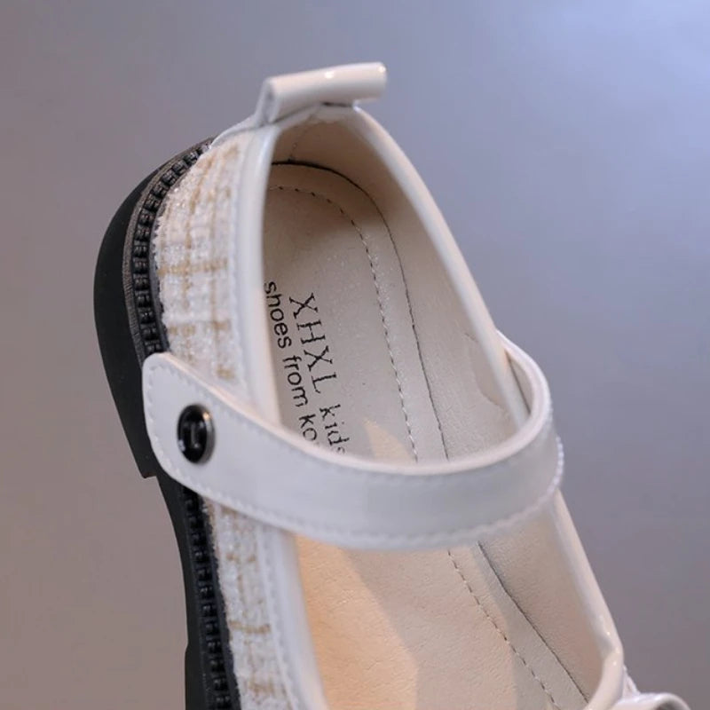 Girls Patchwork Mary Jane Shoes with Bow Detail, Glossy Round Toe and Textured Panels in Black or Beige for Spring Fall Dressy Outfits