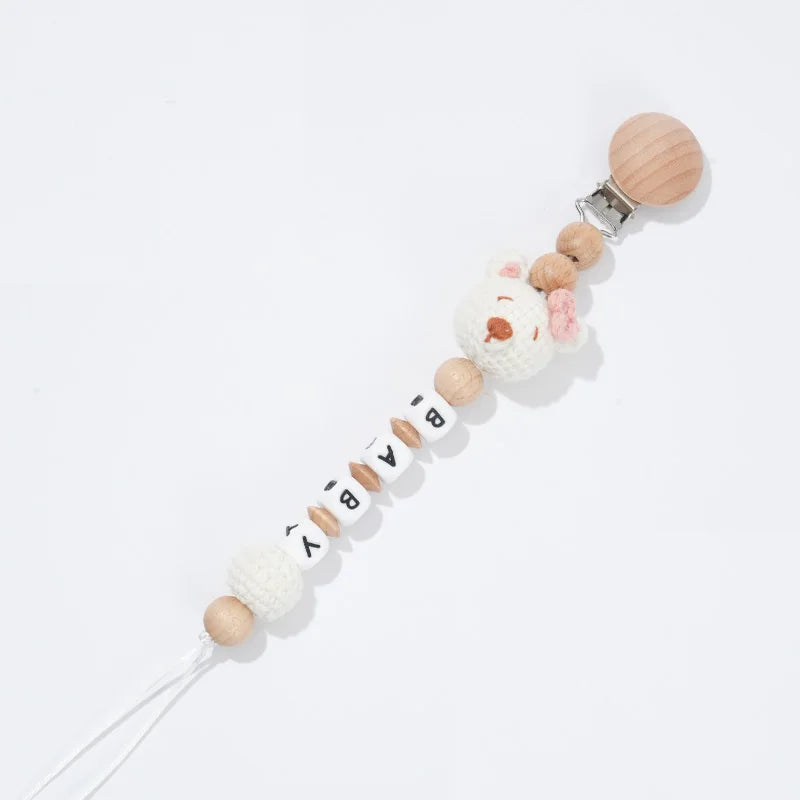 Custom Name Pacifier Clip with Crochet Animal Detail, Beech Wood Holder and Letter Beads, Personalized Baby Shower Gift for Everyday Outings