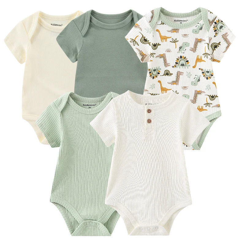 Baby Bodysuit Multipack with Cartoon Prints, Kiddiezoom 5 Short Sleeve One-Piece Outfits with Snap Closures for Boys and Girls, 3M-12M