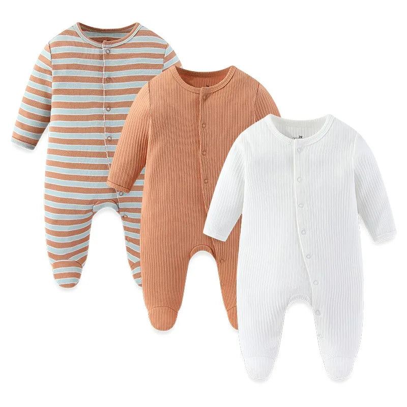 Baby Footed Jumpsuits 3-Pack, 100% Cotton Long Sleeve Cartoon Rompers for Newborn Boys and Girls, Fall and Winter Everyday Outfits
