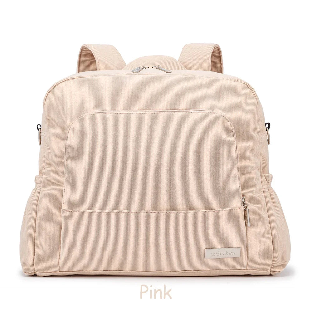 Corduroy Diaper Backpack by Soboba, Large Capacity Baby Changing Bag with Interior Pockets, Front Zip Storage and Side Pockets for Daily Outings
