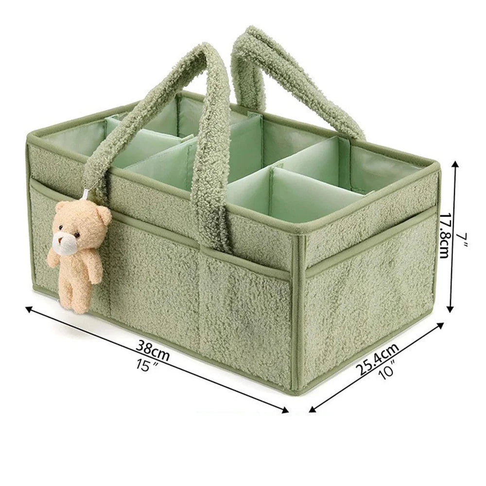 Plush Diaper Caddy with Carry Handles, Divided Compartments and Outer Pockets, Teddy Bear Nursery Organizer for Diapers and Baby Essentials