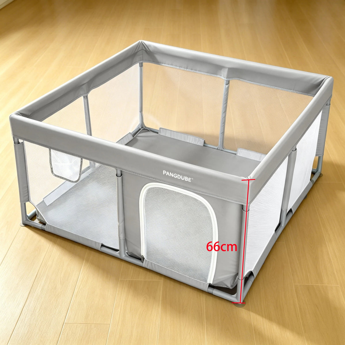Padded Baby Playpen by PANGDUBE, Gray Mesh Activity Yard with External Zipper Door, Storage Pocket and Five Size Options for Supervised Play