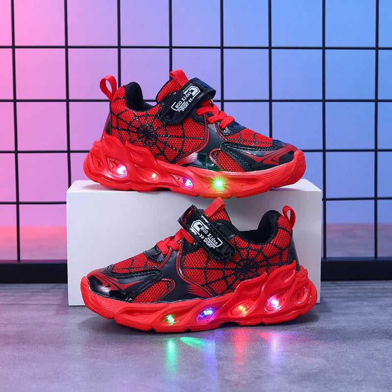 Motion-Activated Light-Up Sneakers for Kids, MGO Breathable Mesh Shoes with Spider-Web Pattern and LED Soles in Red, Blue or Black
