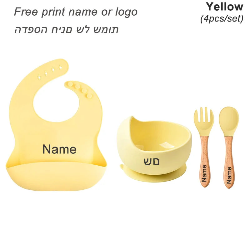 Personalized Baby Feeding Set with Silicone Suction Plate, Bowl, Spoon and Fork, 4-Piece or 6-Piece Tableware Options for Supervised Mealtimes