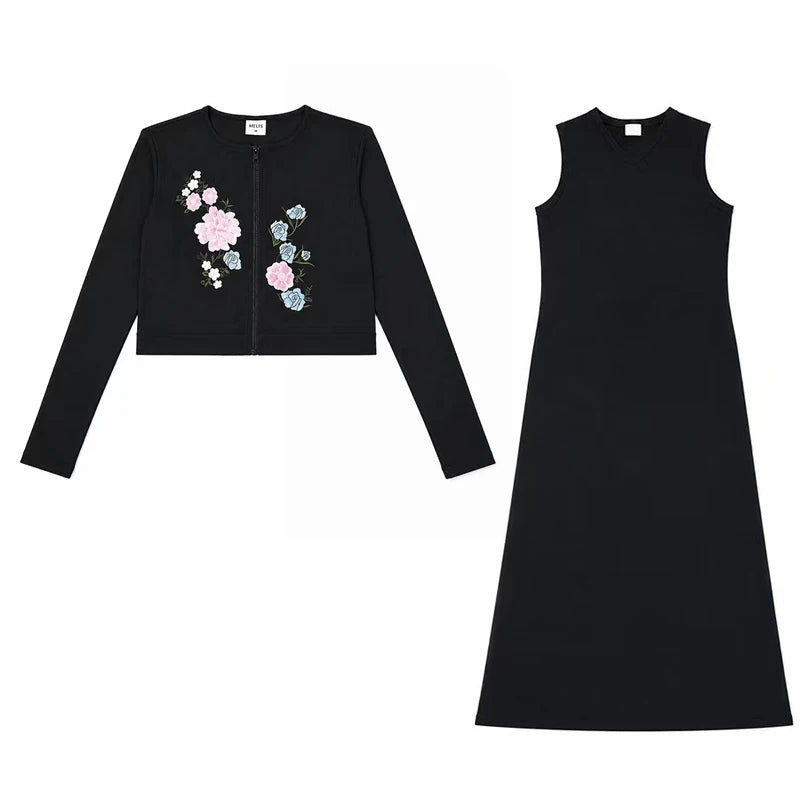 Women's Sleeveless Maxi Dress and Button-Front Cardigan Options, Black and Cream Layering Outfit for Everyday Wear, Ladies XS-3XL