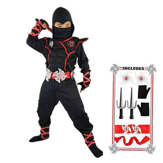 Hooded Ninja Costume for Kids with Black and Gold Pictured Styling, Mask and Toy Accessory Options for Halloween, School Plays and Pretend Play