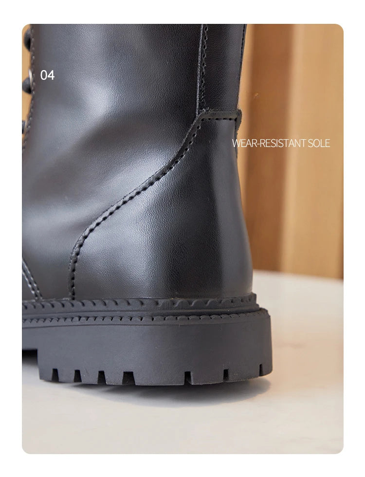 Lace-Up Knee-High Boots for Girls with Side Zippers and Chunky Soles, Black or Beige Motorcycle-Inspired Tall Fashion Shoes, Sizes 27–37