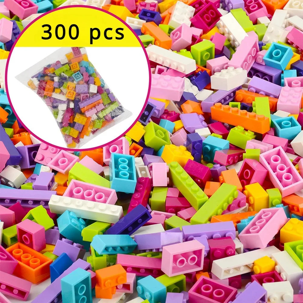 Creative Building Brick Set, 300 or 500 Colorful DIY Pieces for Open-Ended Construction, City Scenes, Counting and Shape Sorting Play