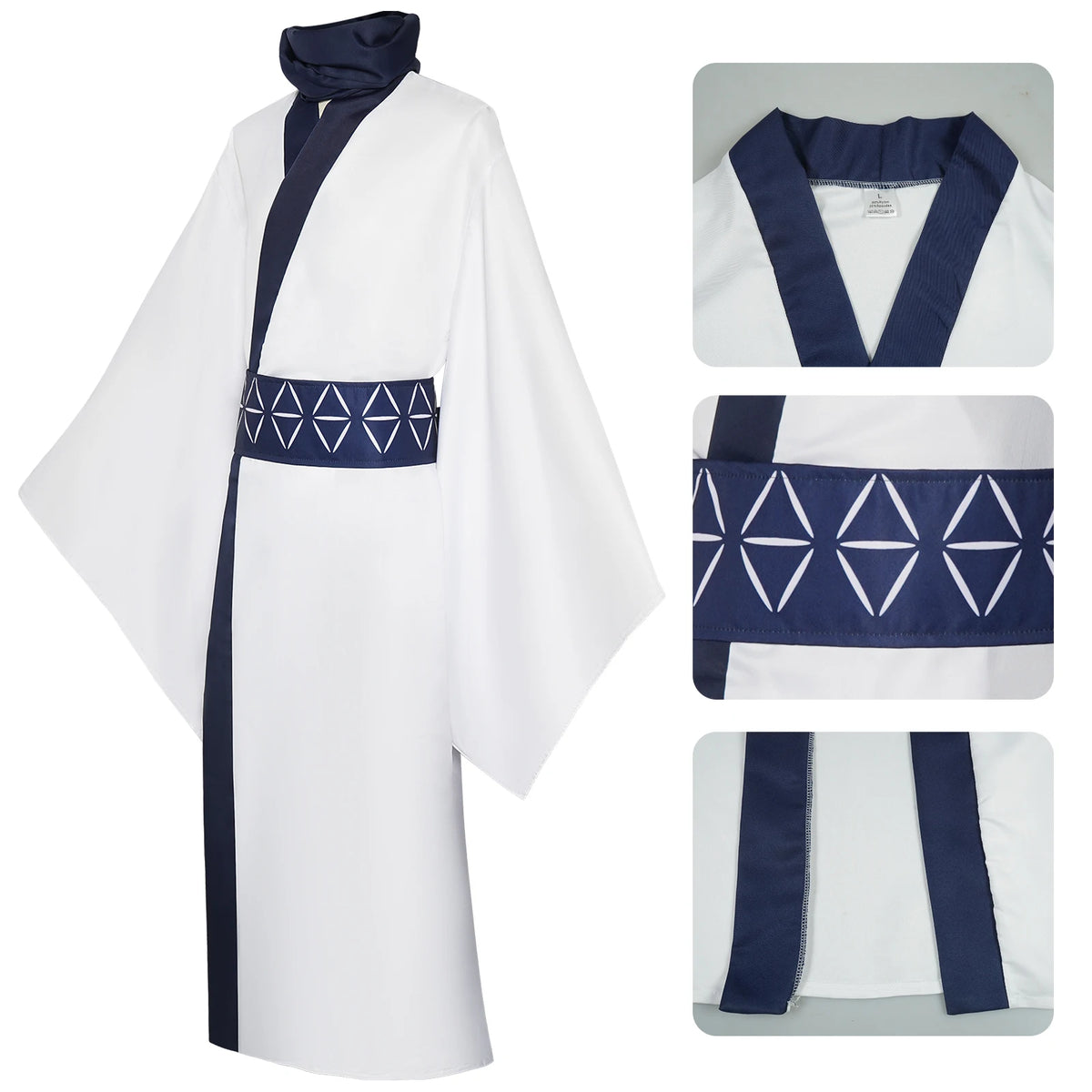 Ryomen Sukuna Cosplay Costume for Adults, White Kimono-Style Robe with Dark Trim, Neckwear and Patterned Waist Belt for Halloween and Anime Events