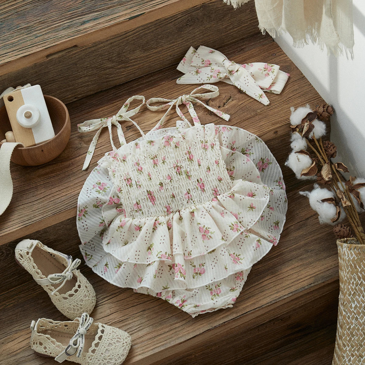 Smocked Floral Baby Girl Sunsuit with Headband, Cotton Blend Ruffle Romper with Tie Shoulder Straps for Summer Photos, 0-24 Months