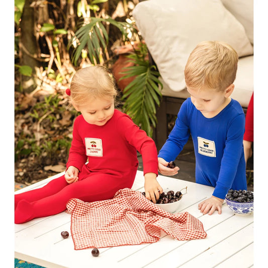 Cherry and Blueberry Kids Cotton Outfits, Red or Blue Long Sleeve Two-Piece Sets, Baby Rompers and Girls Nightgown Styles for Sibling Matching