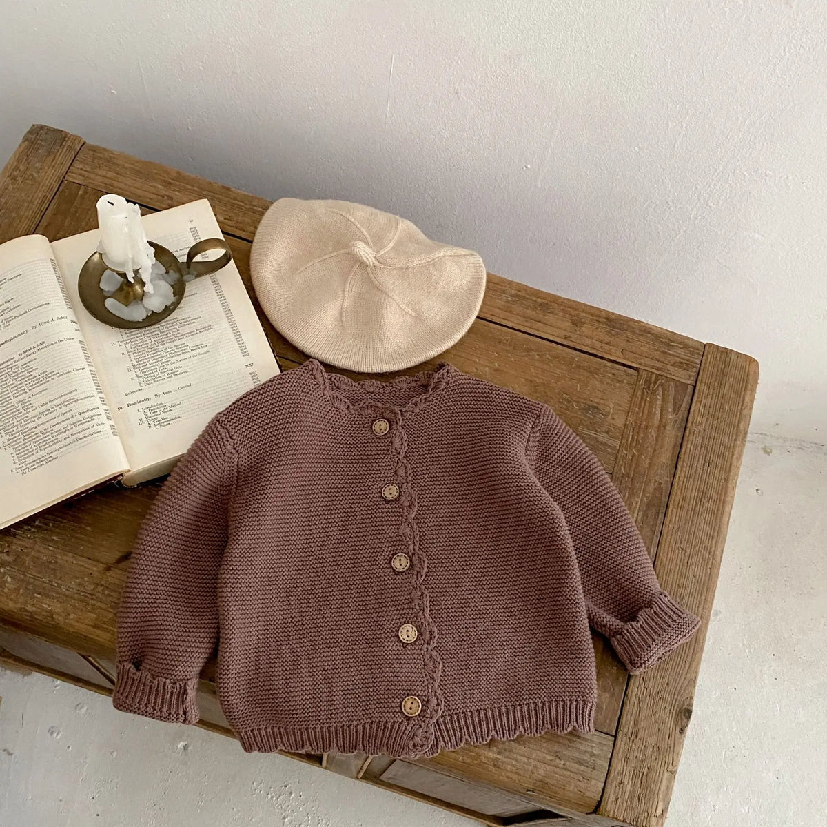 Scalloped Neck Baby Cardigan with Button Front, Textured Knit and Ribbed Cuffs, Long Sleeve Infant and Toddler Sweater in Khaki or Apricot