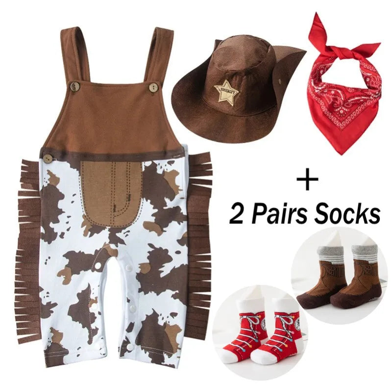 Cow Print Baby Cowboy Costume with Fringe Romper, Sheriff Hat and Red Bandana, Western Birthday Dress-Up Outfit with Sock Options