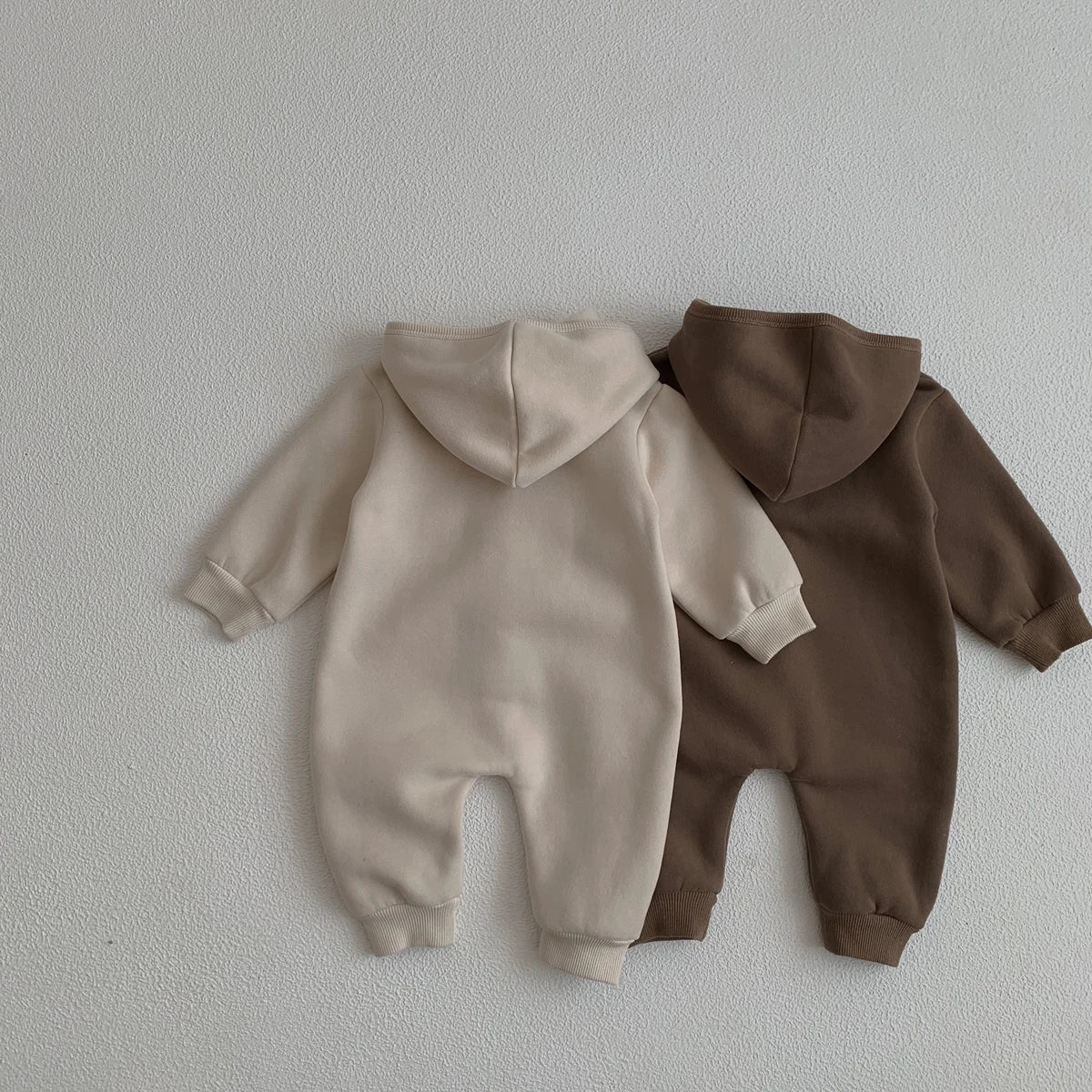 Baby Hooded Snap Front Jumpsuit with Bear Patch, Long Sleeve One-Piece Outfit in Coffee or Beige for Boys and Girls, Sizes 3M-18M