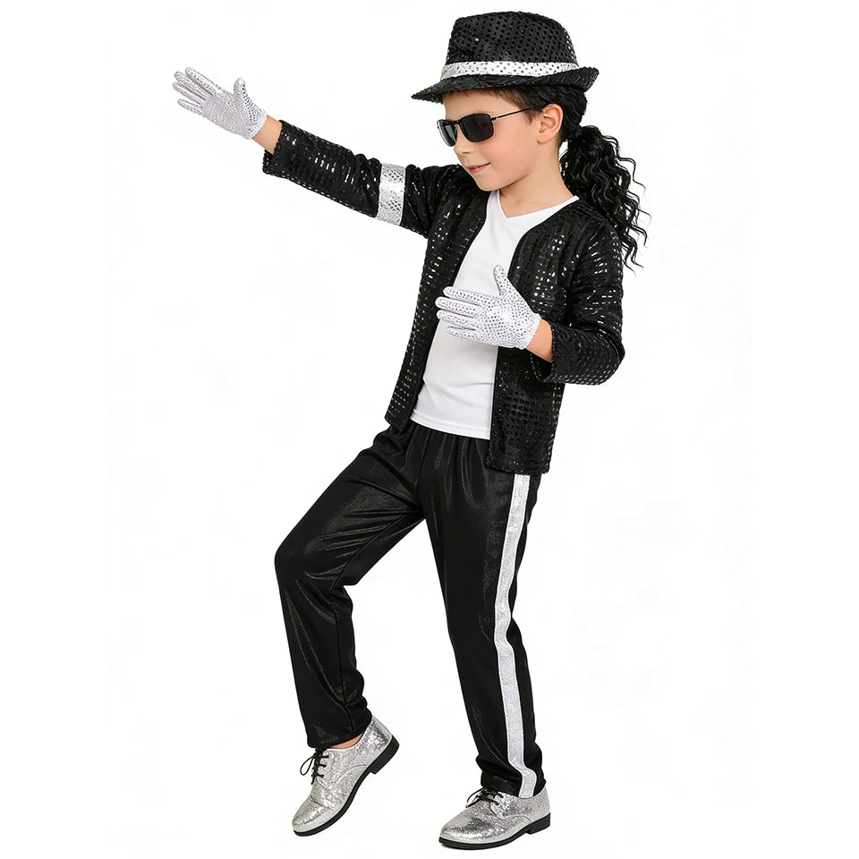 Kids Pop Star Costume with Black Sequin Jacket and Pants Set Options, Retro Dance Performance Outfit for Halloween and Parties, Sizes S-XL