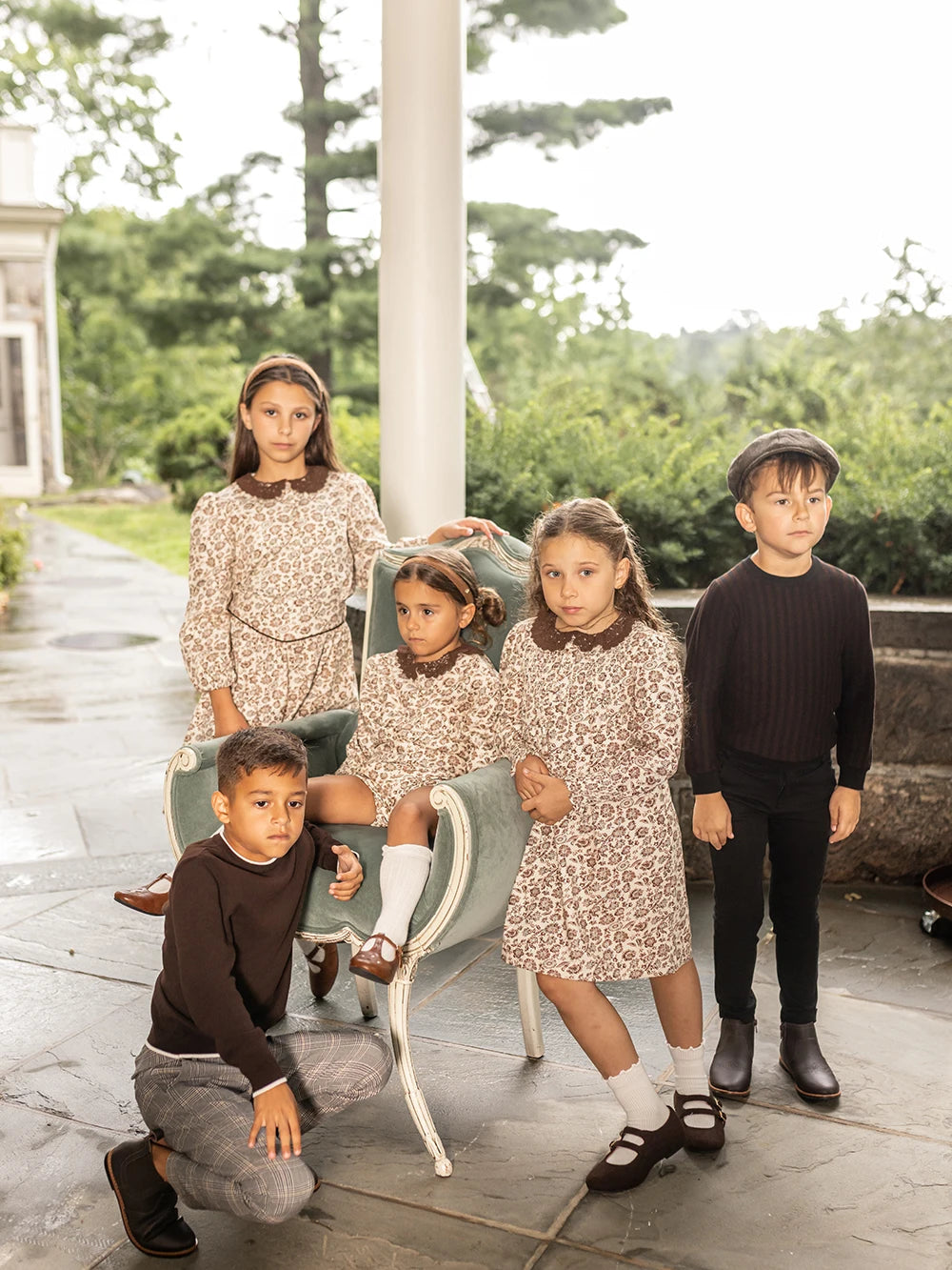 Brown Floral Sibling Matching Outfits with Cotton Girls Dresses and Baby Bloomer Sets, Coordinating Cardigans and Plaid Boys Pants or Overall Shorts