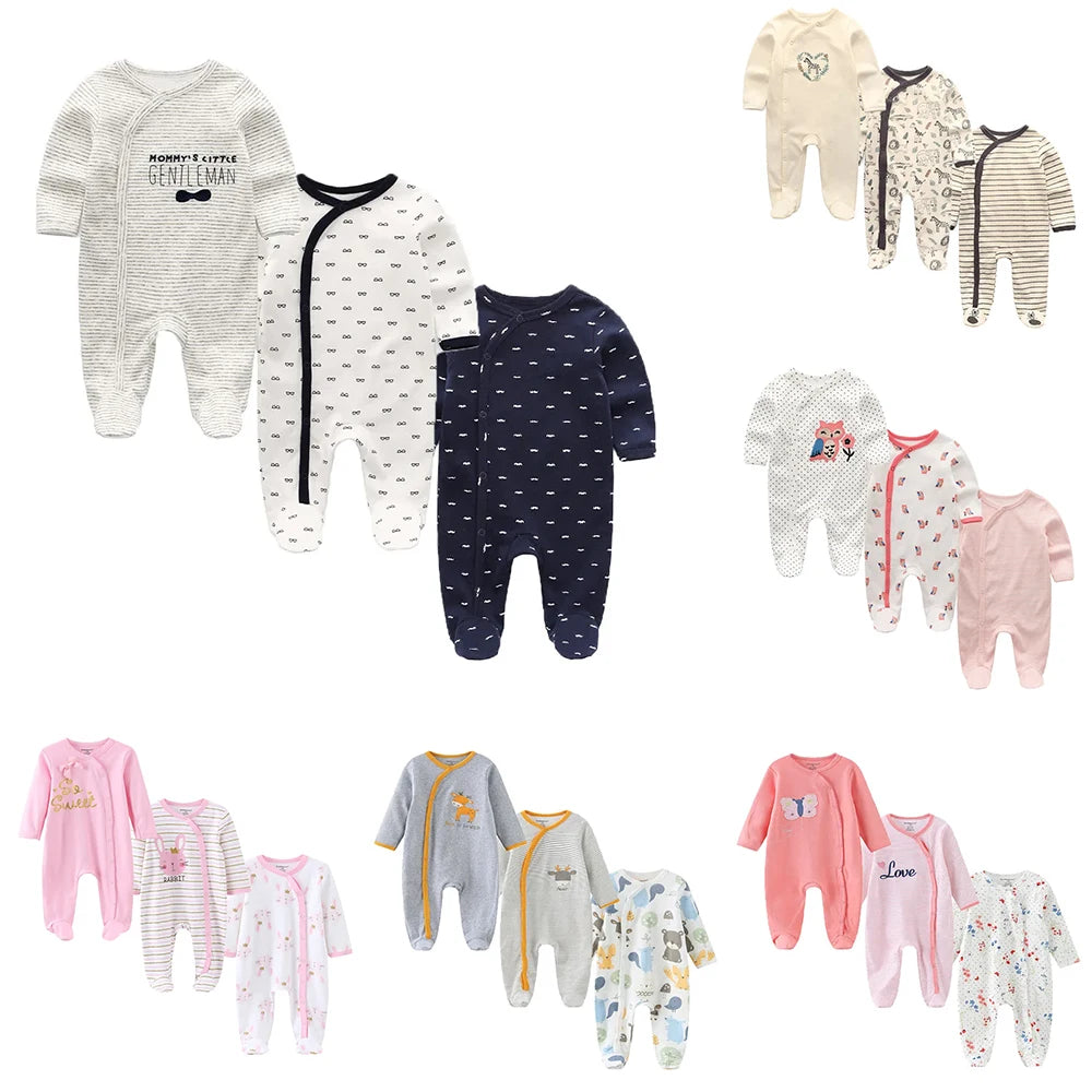 Baby Footed Jumpsuits 3-Pack, 100% Cotton Long Sleeve Cartoon Rompers for Newborn Boys and Girls, Fall and Winter Everyday Outfits