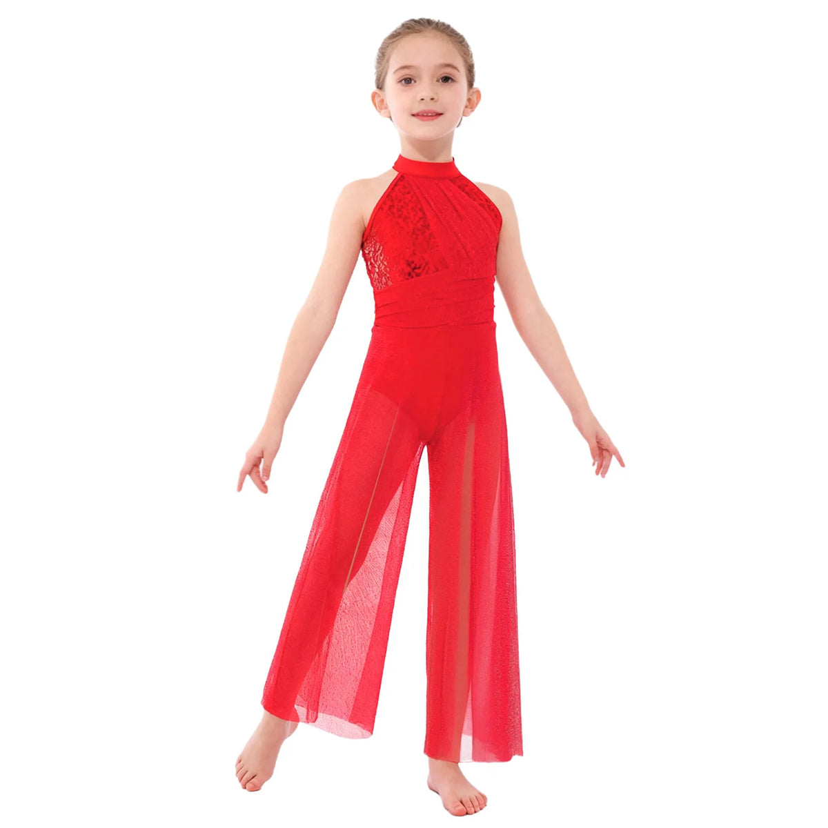 Girls Sequin Dance Jumpsuit with Split Wide-Leg Mesh, Sleeveless Mock Neck and Crisscross Back for Lyrical Recitals and Stage Performances