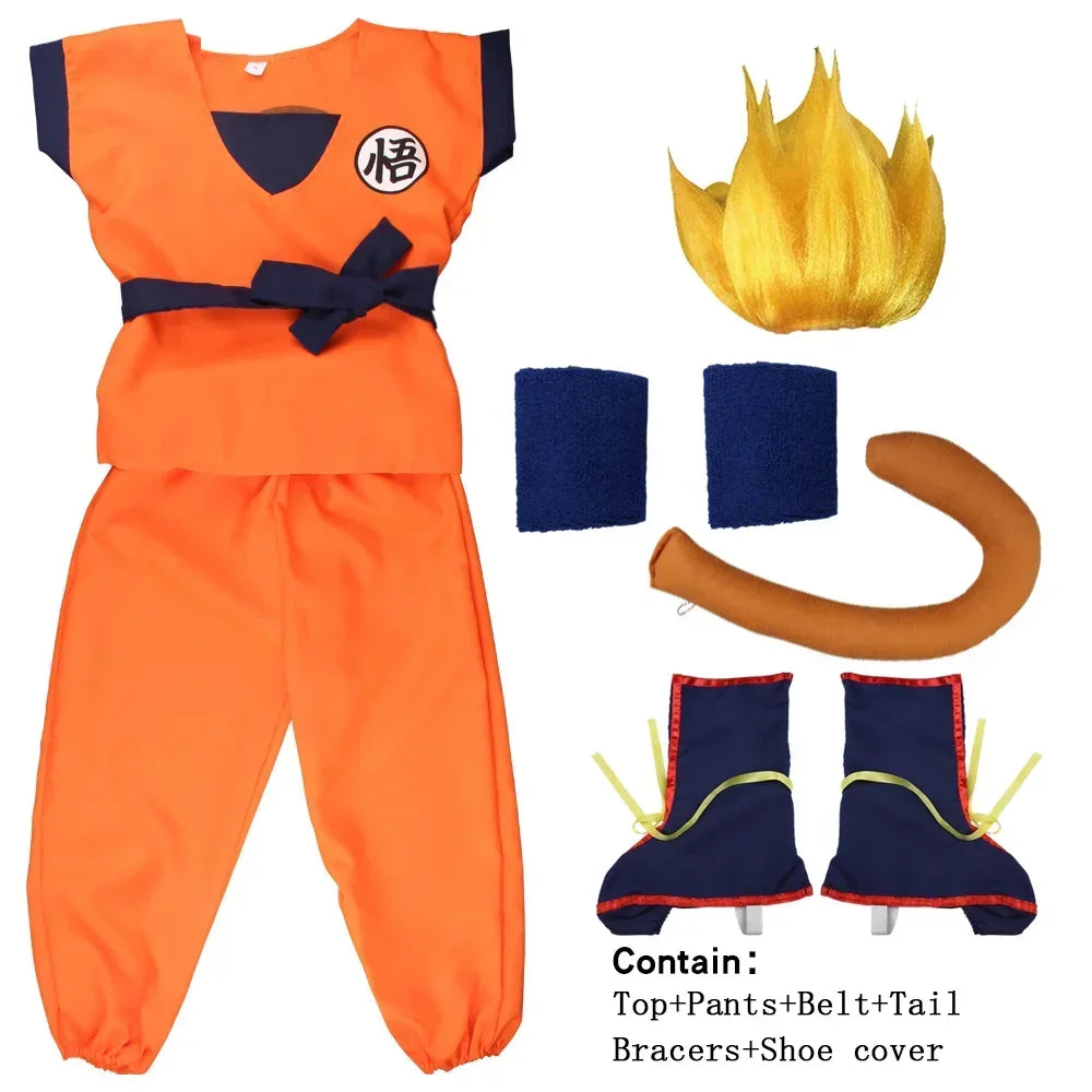 Orange Anime Gi Costume for Kids and Adults, Goku-Inspired Polyester Top and Pants with 5, 6 or 7-Piece Accessory Options for Halloween and Cosplay
