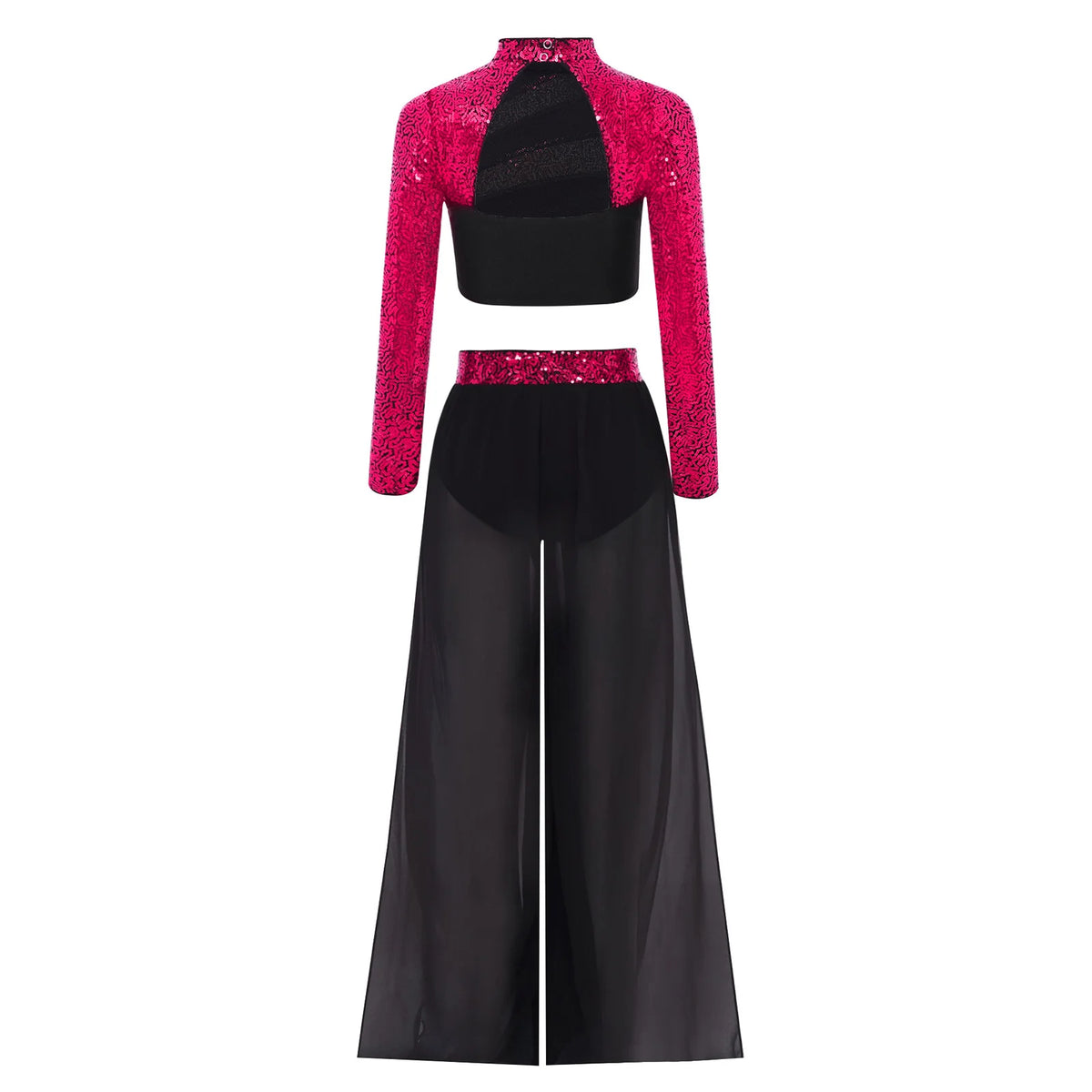 Girls Lyrical Dance Costume Set with Mock Neck Sparkle Top and Wide Leg Pants, Chiffon Overlay and Sleeveless Styles for Recitals and Stage Performances