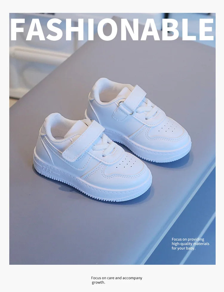 Kids White Low-Top Sneakers with Adjustable Strap, Perforated Toe and Silver Heel Detail for Boys and Girls Spring and Fall Casual Outfits