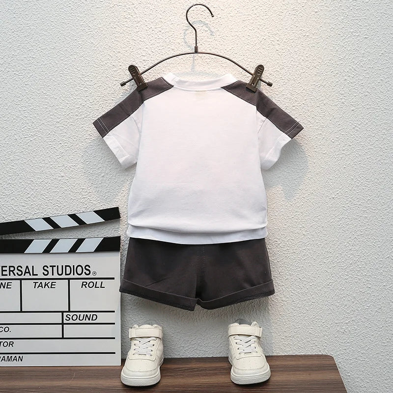 Baby Boys Colorblock T-Shirt and Pocket Shorts Set with Letter F Print, Two-Piece Cotton Summer Outfit for Infants and Toddlers, 9M–5T