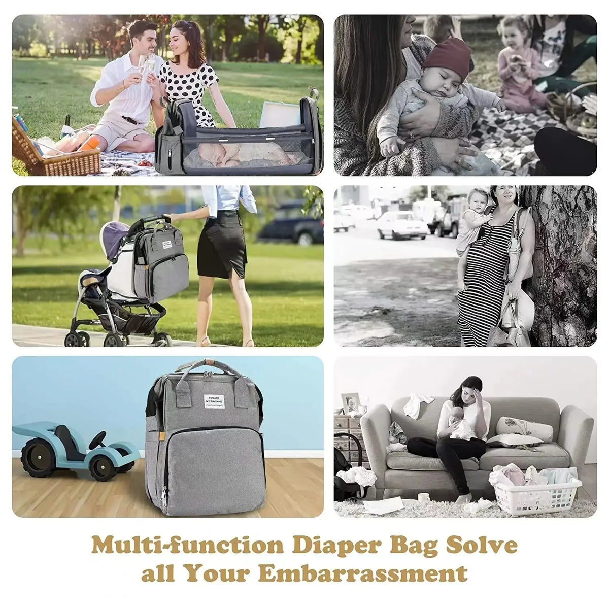Diaper Backpack with Three Insulated Bottle Pockets and Fold-Out Changing Station, Multi-Pocket Baby Supply Bag for Moms and Dads on Everyday Outings