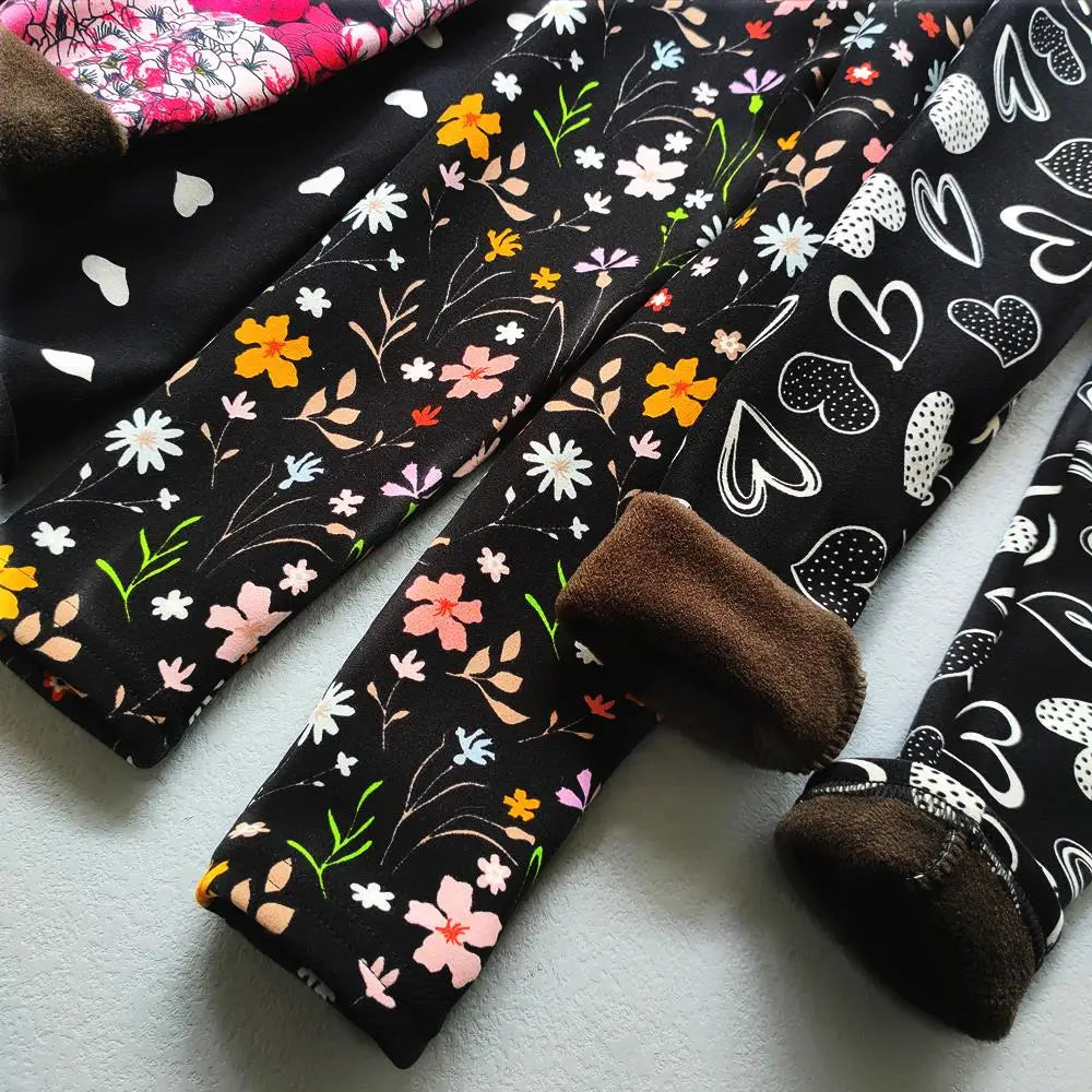 Printed Lined Leggings for Girls, Plush-Textured Winter Pants with Floral Heart and Pattern Options for Toddler and Kids Outfits, Sizes 2-3T to 10-11