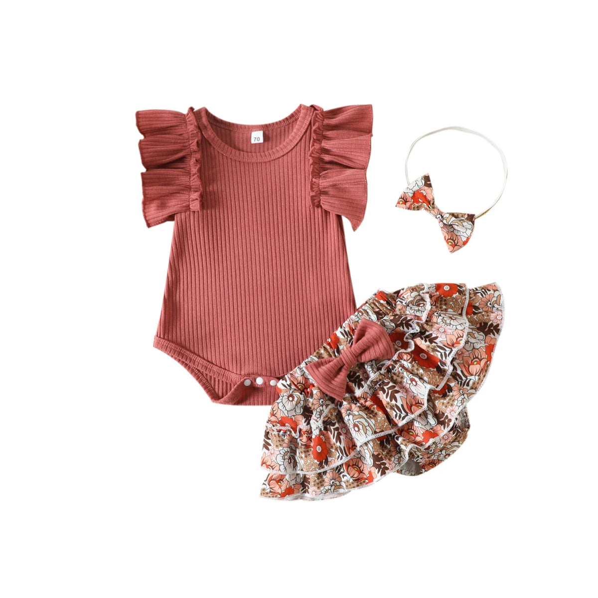 Infant Girls Summer Clothing Set with Ruffle Sleeve Ribbed Romper, Floral Bow Shorts and Matching Headband, 3-Piece Outfit for 0-24 Months