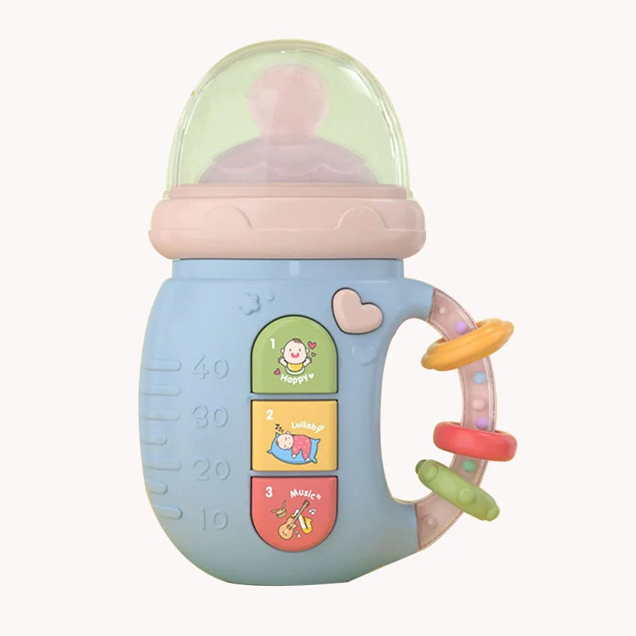 Bottle-Shaped Musical Baby Rattle with Light-Up Top, Three Picture Buttons and Colorful Handle Rings for Supervised Sensory Play and Gifts