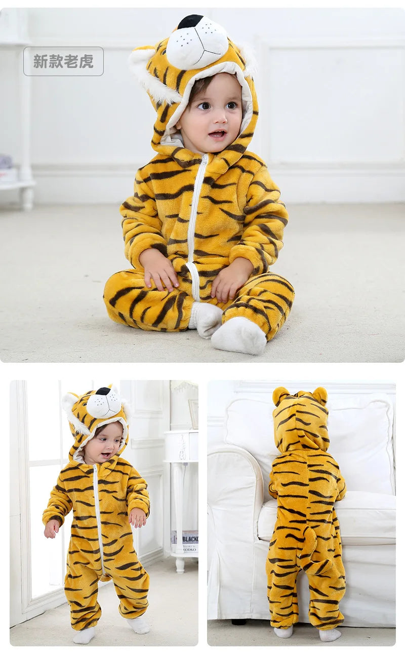 Animal Kigurumi Costume for Babies and Toddlers, Hooded Flannel Jumpsuit with Long Sleeves for Halloween Dress-Up and Family Photos