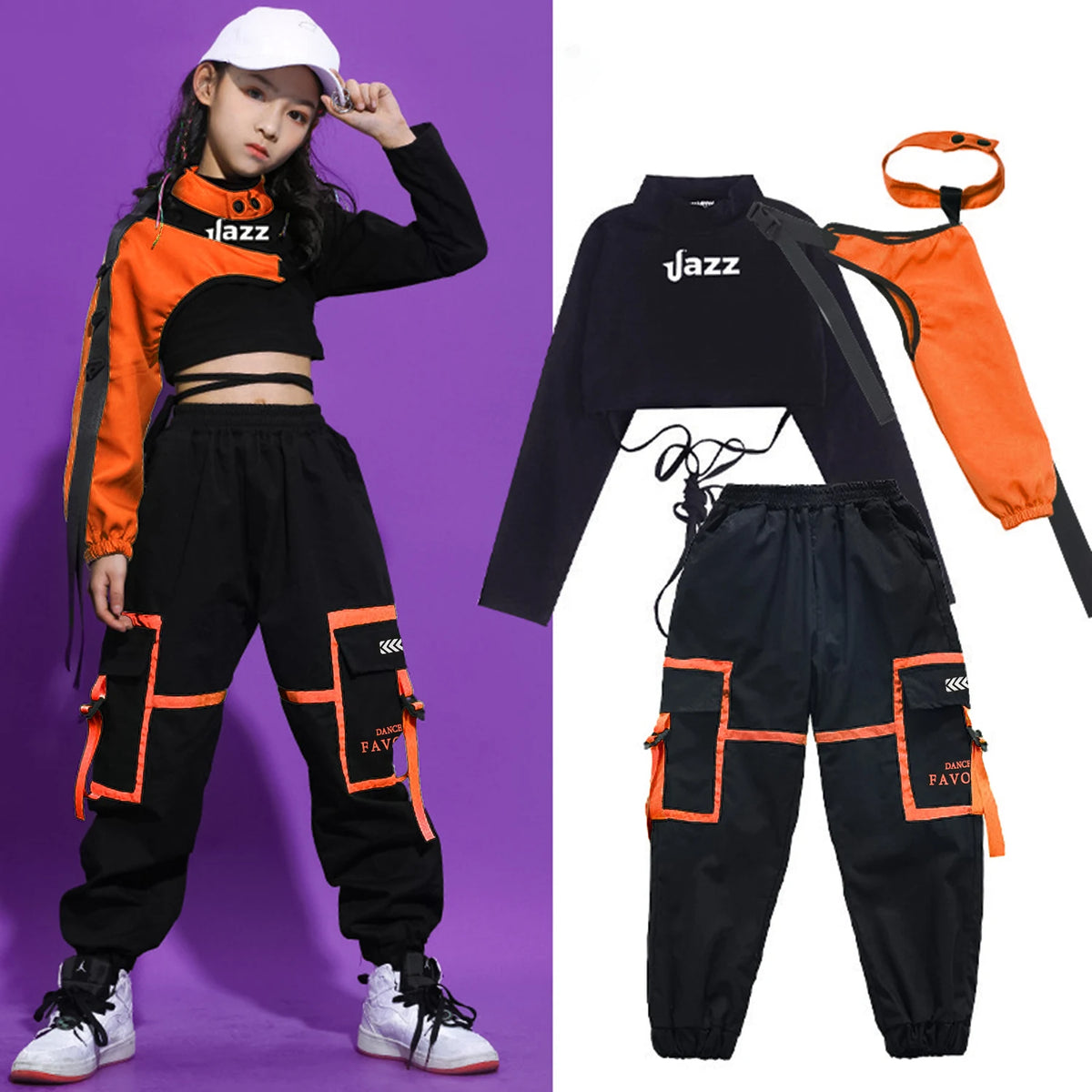 Girls Hip Hop Cargo Pants Dance Set with Crop Top and Decorative Sleeve, Three-Piece Colorblock Stage Outfit for Ages 4–16 by LOLANTA