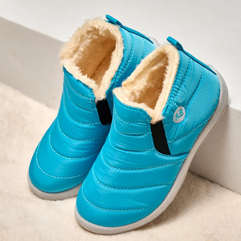 Kids Quilted Ankle Winter Boots with Plush Lining and Side Zippers, Blue Padded Cold-Weather Shoes with Rounded Toes, Sizes 26–35