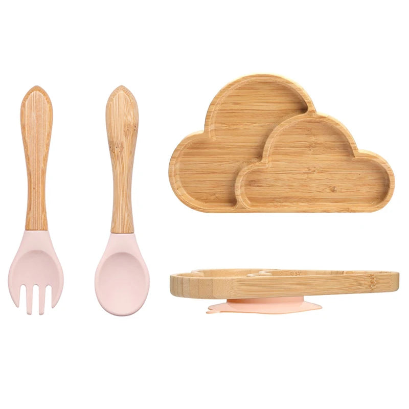 Baby Bamboo Suction Plate Set with Wooden-Handle Spoon and Fork, 3-Piece Cartoon Dinnerware with Divided Elephant Design for Toddler Meals